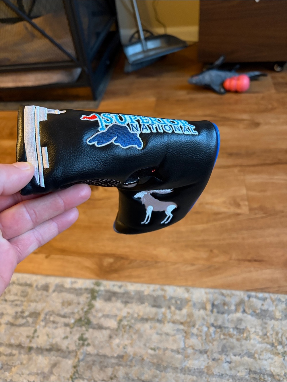 Black Leather Golf Putter Headcover with White Moose and Loon Design - Picture 4 of 5